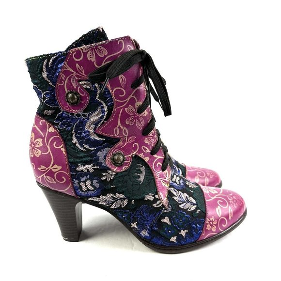 Boho Ankle Boots 42 Colorful Retro Hippie Lace Zip Up Bootie Womens Unique NEW - Picture 10 of 14